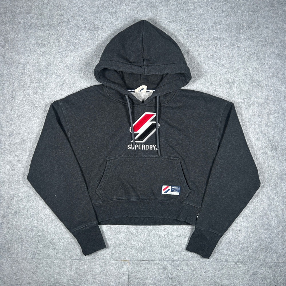 Superdry Hoodie Womens US 8 Charcoal Gray Cropped Logo Streetwear Y2K Casual